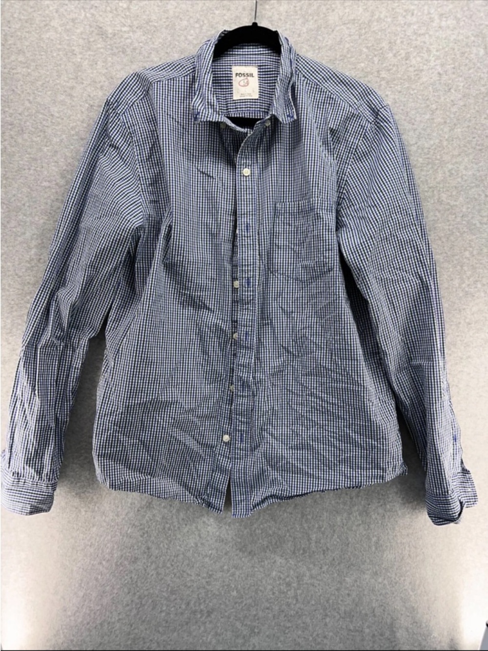 Fossil Men's Blue and White Micro Gingham Button-Down Shirt